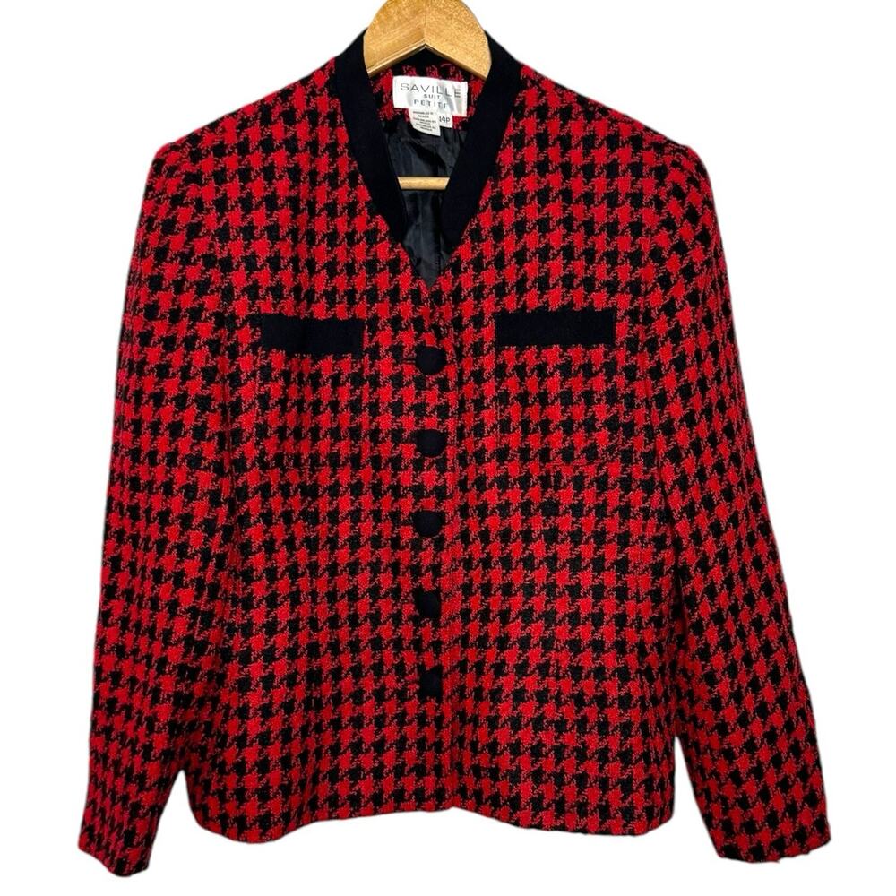 Saville Suit Black & Red Houndstooth Wool Blend Preppy Blazer Jacket 14 Petite